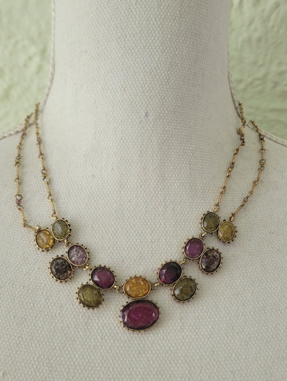 Vtg Signed Monet Necklace Choker Double Strand Gold Plated Glass Multicolor 18"